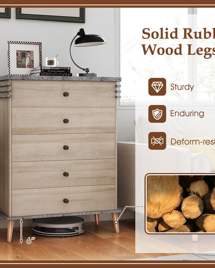 Giantex 5-Drawer Storage Cabinet with Rubber Wood Legs and Anti-Tipping Kit