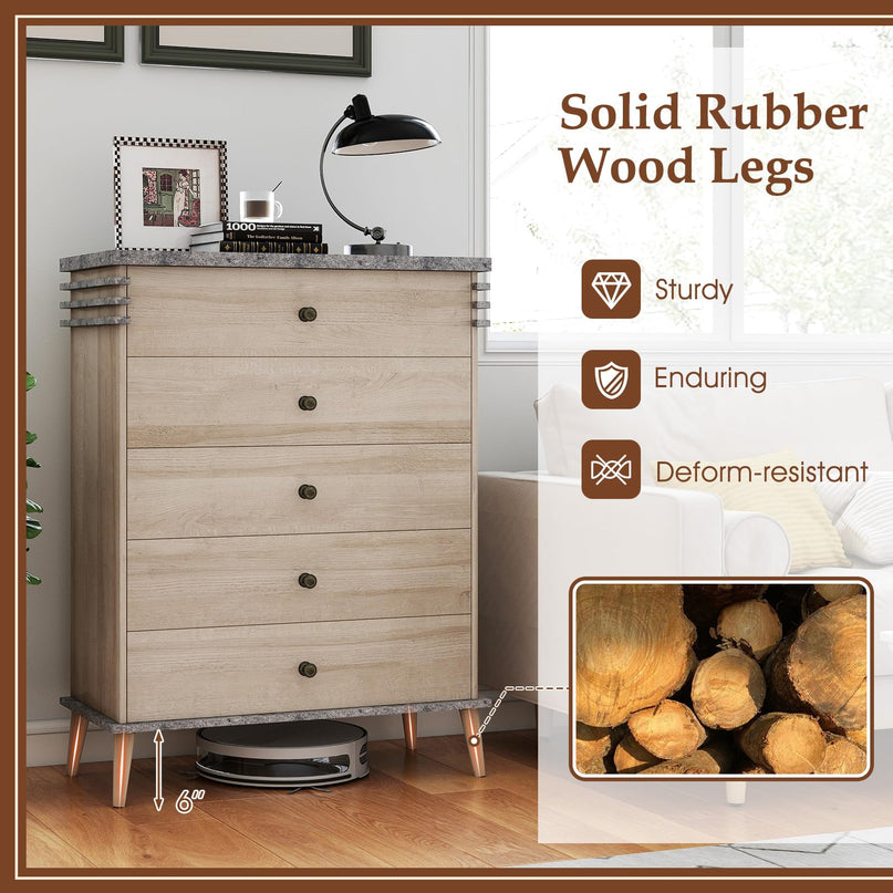 Giantex 5-Drawer Storage Cabinet with Rubber Wood Legs and Anti-Tipping Kit