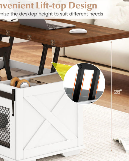 Table basse relevable de style rustique Giantex avec 2 portes coulissantes de grange et 3 compartiments de rangement cachés