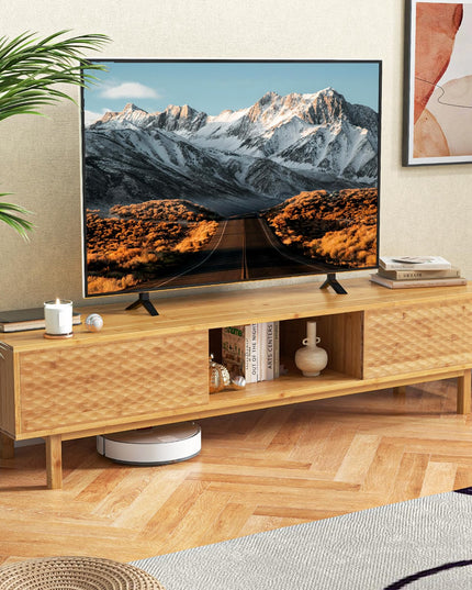 Giantex 63” Bamboo TV Stand, Entertainment Center with 3 Storage Cubes, Sliding Doors