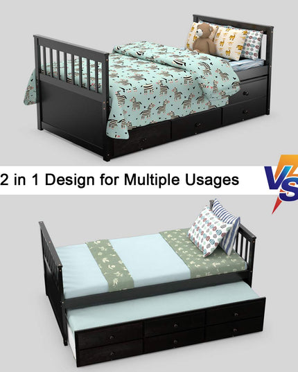 Giantex Twin Captain's Bed with Trundle Bed, Wood Storage Daybed with 3 Storage Drawers