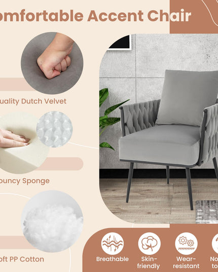 Giantex Velvet Accent Chair with Ottoman, Modern Comfy Arm Chair w/Solid Metal Frame, Pillow