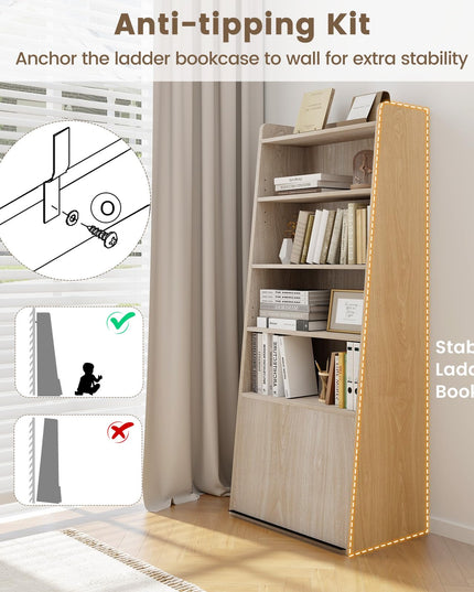 Giantex 6-Tier Bookcase, Freestanding Ladder Bookshelf with 2 Adjustable Shelves & Flip Up Door