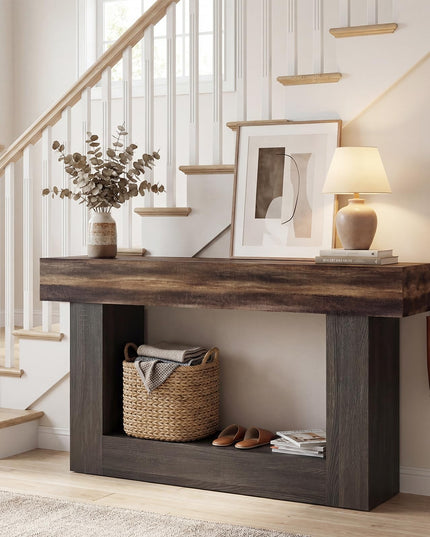 Giantex 63" Farmhouse Console Table with Storage Shelf - Rustic Brown