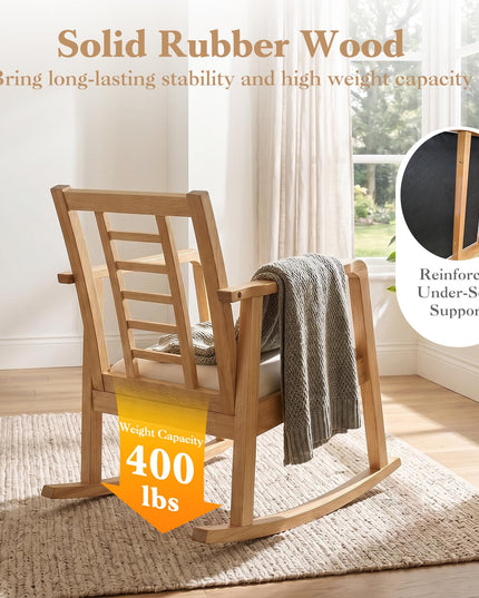 Giantex Solid Rubber Wooden Rocking Chair with Fabric Upholstered Seat (1/2)