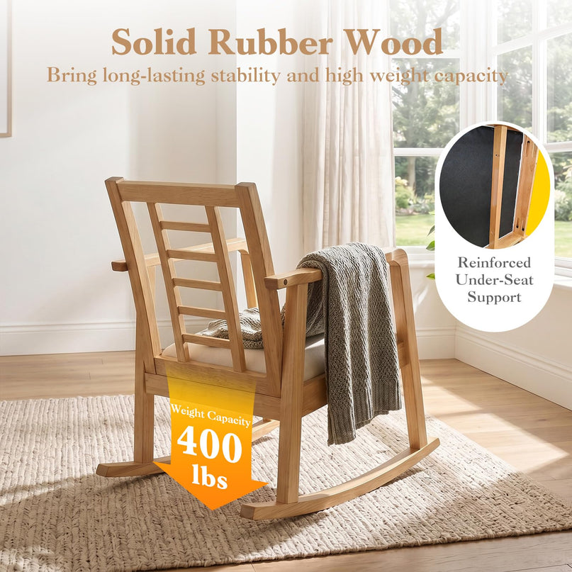 Giantex Solid Rubber Wooden Rocking Chair with Fabric Upholstered Seat (1/2)