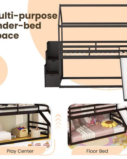 Giantex House Bunk Bed Twin Over Twin with Slide and Storage Stairs, Solid Wood Low Loft Bed Frame with Roof & Guardrail