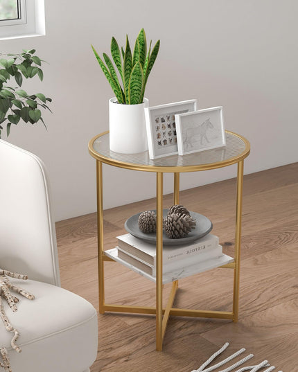 Giantex Glass End Table Set of 2, Round Side Table with Faux Marble Storage Shelf and Glass Top, Gold