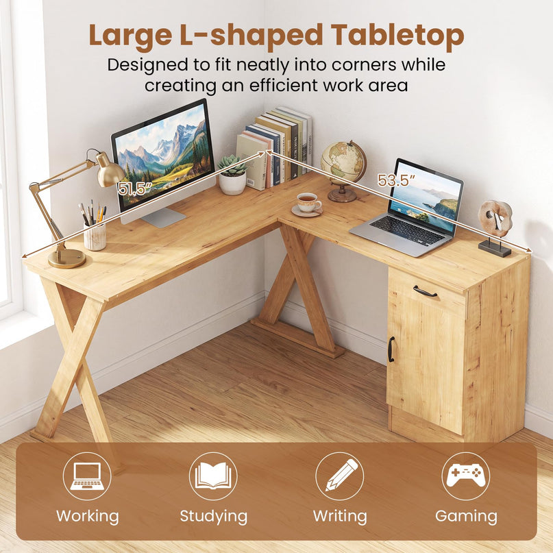 GIANTEX L-Shaped Computer Desk with Reversible Drawer & Cabinet
