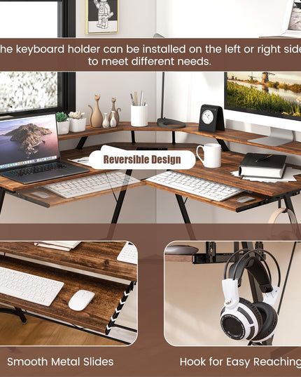 Giantex L Shaped Computer Desk with Power Outlet, 51" Corner Computer Desk with Monitor Stand and Reversible Keyboard Tray