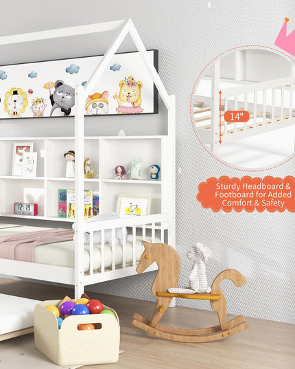 Giantex Twin House Bed with Trundle, Solid Wood Bed Frame with Roof & 8 Cube Bookcase