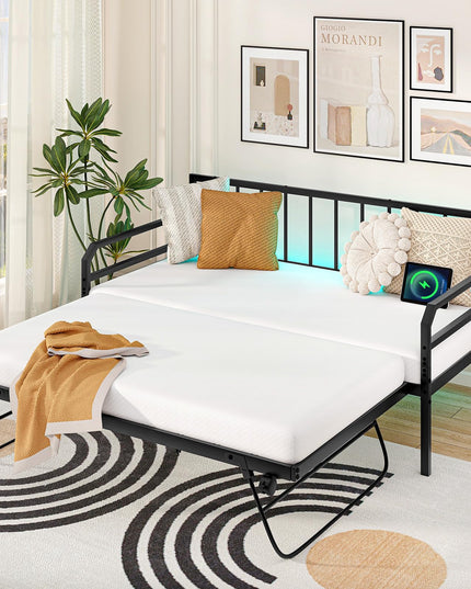 Giantex Twin Daybed with Trundle, Twin Bed Frame with Charging Station & LED Lights, Metal Trundle Bed Twin w/Steel Slats Support