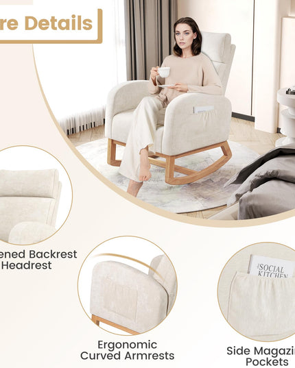 Giantex Fauteuil à bascule en chenille rembourré avec cadre en bois d'hévéa naturel