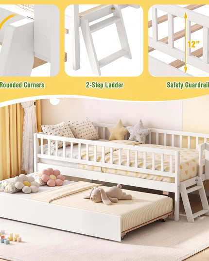 GIANTEX Trundle Bed Twin Size with Bookshelf 2-Step Ladder for Kids