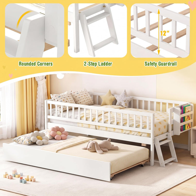 GIANTEX Trundle Bed Twin Size with Bookshelf 2-Step Ladder for Kids