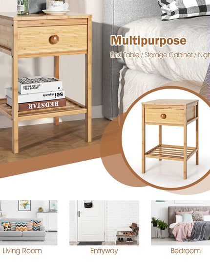 Giantex Nightstand Bamboo Bedside Table with Drawer, Open Shelf, Multifunctional Side Table