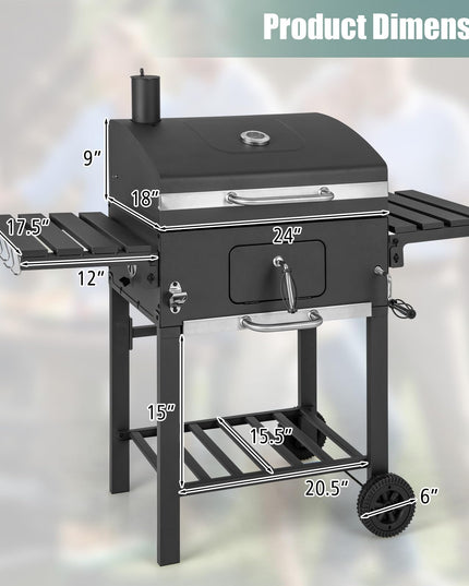 Giantex 24-Inch Charcoal Grill - 2 Foldable Side Tables, Bottom Storage Shelf, 8 Hooks, Adjustable Charcoal Tray