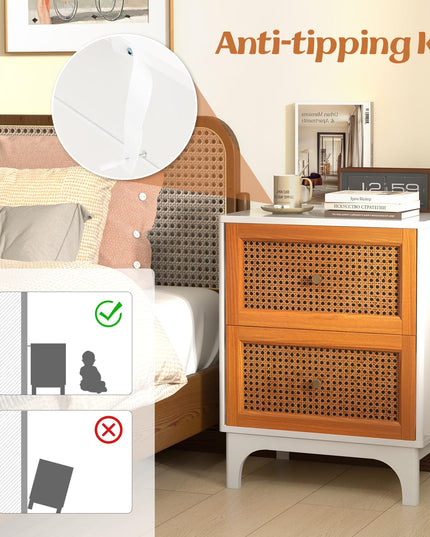 Giantex Rattan Nightstand with Drawers, Natural Rattan End Table, Cane Accent Bedside Table with Solid Wood Legs for Bedroom