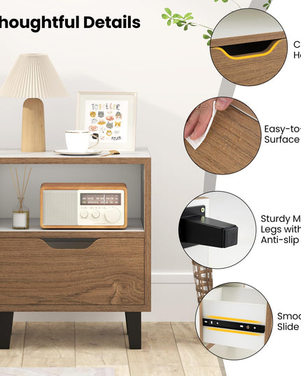 Giantex Mid Century Modern Nightstand Wooden Bedside Table with Drawer & Open Shelf