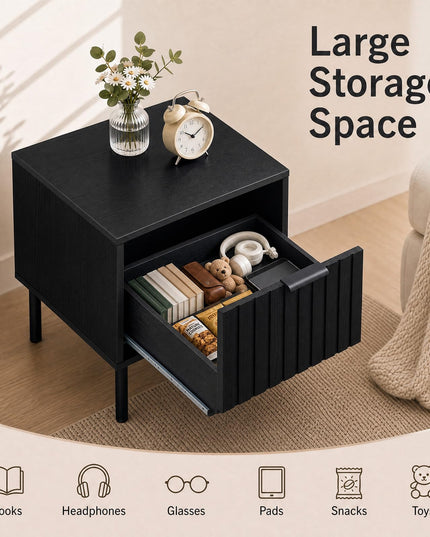 GIANTEX Black Modern Nightstand w/Vertical-Striped Storage Drawer