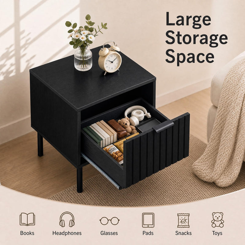 GIANTEX Black Modern Nightstand w/Vertical-Striped Storage Drawer