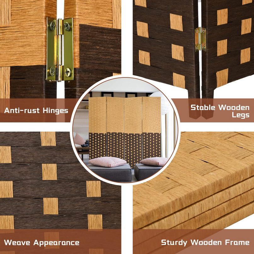 Giantex 4 Panel Room Divider, 6 Ft Tall Handmade Rattan Room Dividers, Portable Wood Room Separators Divider