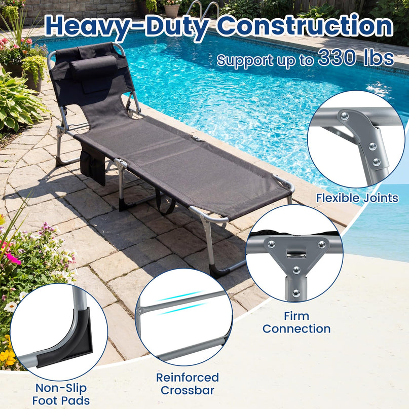 (下架）Giantex Tanning Chair Folding Beach Chair w/Face Arm Hole, Washable Pillow, Pocket