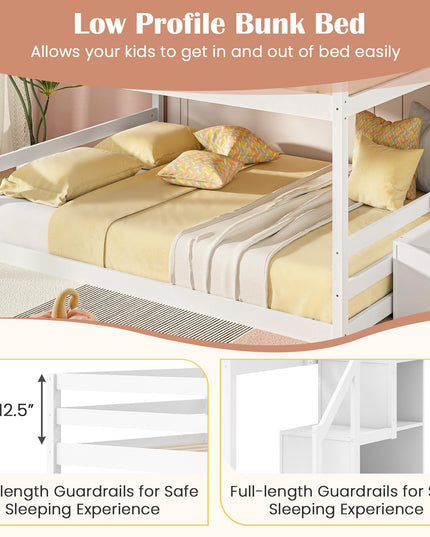 Giantex Bunk Bed with Stairs, Solid Wood Floor Bunk Bed with Storage Staircase & Full-Length Guardrails