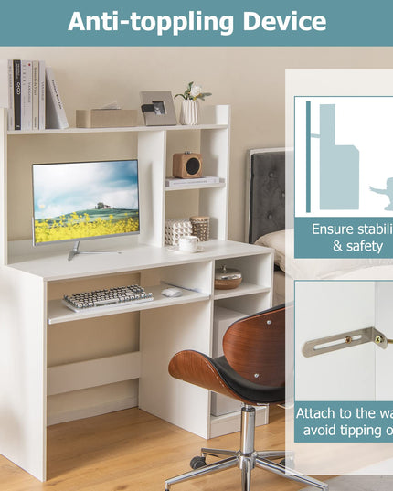Giantex White Computer Desk with Hutch and Bookshelf