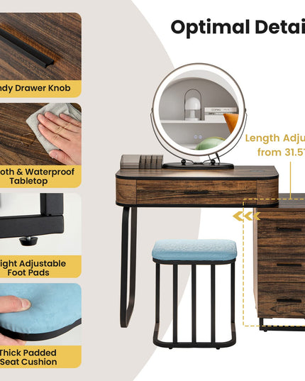 CHARMAID Makeup Vanity Table with Lights, Vanity Desk with 3 Color Lighted Mirror, Rustic Brown