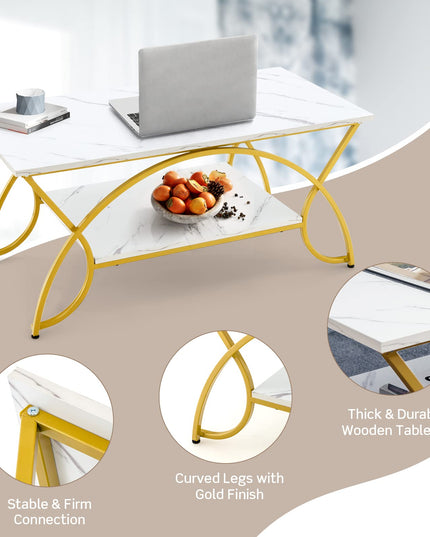 Table basse rectangulaire à 2 niveaux Giantex, table de cocktail moderne chic avec étagère de rangement ouverte, blanc/doré