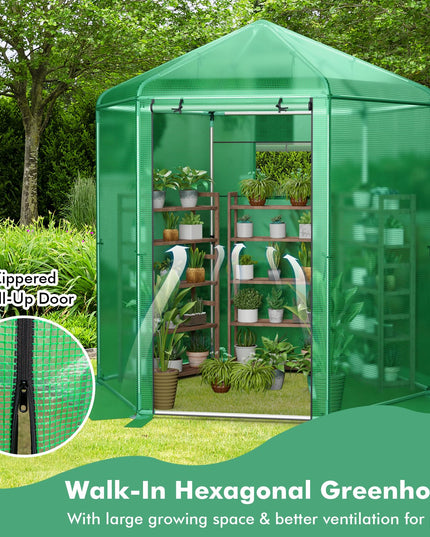Giantex 7 x 6 x 7.5 FT Greenhouse, Large Hexagonal Walk in Greenhouse Outdoor with Heavy-Duty Metal Frame