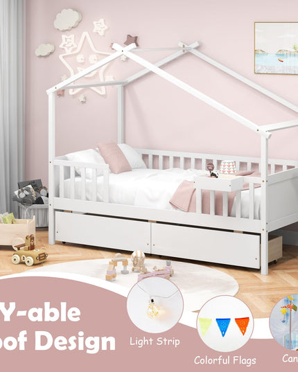 Giantex Twin House Bed with Drawers, Wooden Twin Bed Frame with Cube Storage & Fence Rails