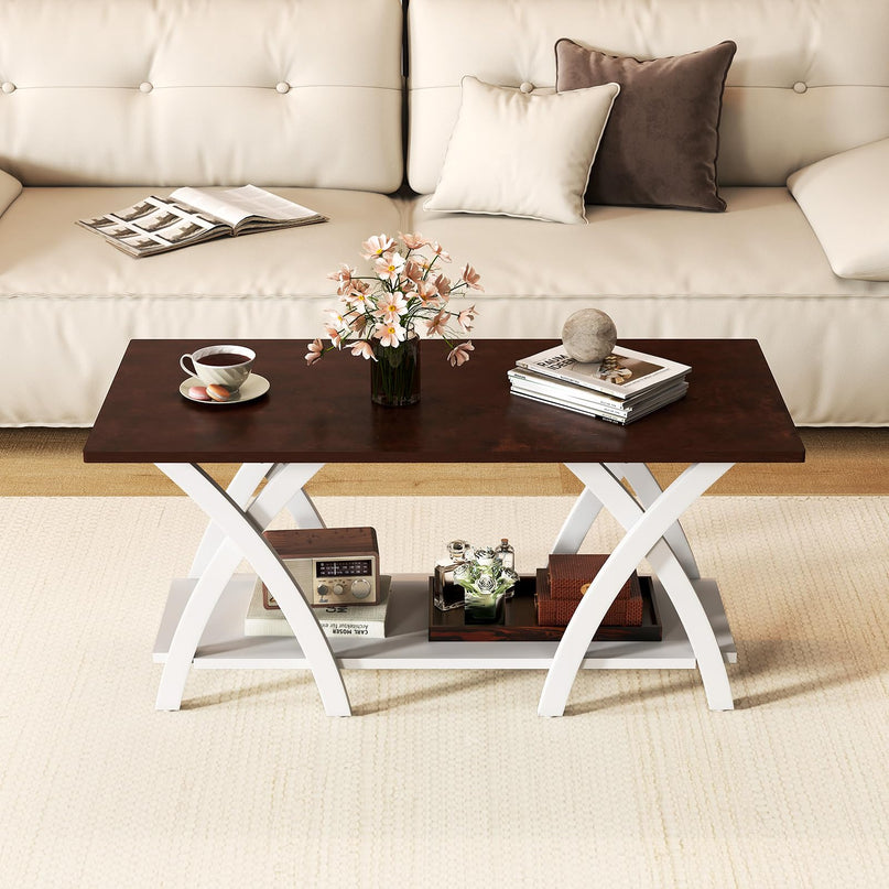 Giantex 2 Tier Wood Center Table with Storage Shelf & X Shaped Support Legs