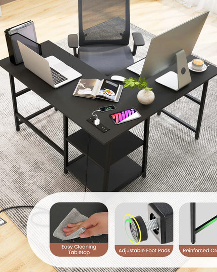 Giantex L Shaped Desk with Power Outlets & USB Ports, 48" Corner Gaming Desk with 2 Tier Storage Shelves