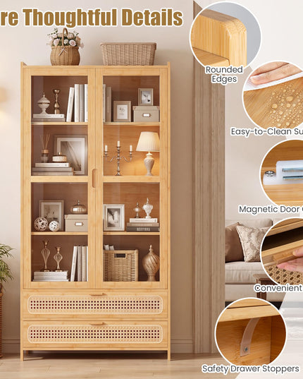 GIANTEX 54.5" Tall 6-Tier Freestanding Bamboo Bookshelf with 2 Acrylic Doors and 2 Drawers