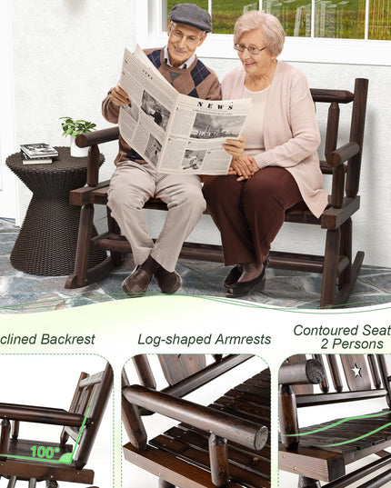 Giantex Outdoor Rocking Bench, Patio Loveseat Rocker for 2 w/Ergonomic Back & Log Arms, Carbonized Fir Wood Frame