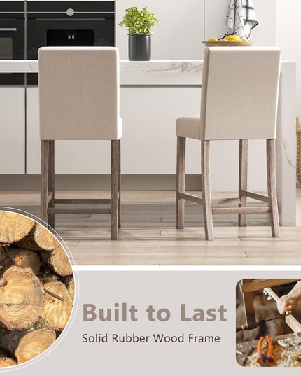 Giantex Bar Stools Counter Height, 24.5" Modern Fabric Bar Chairs with Back, Footrest & Solid Wood Legs