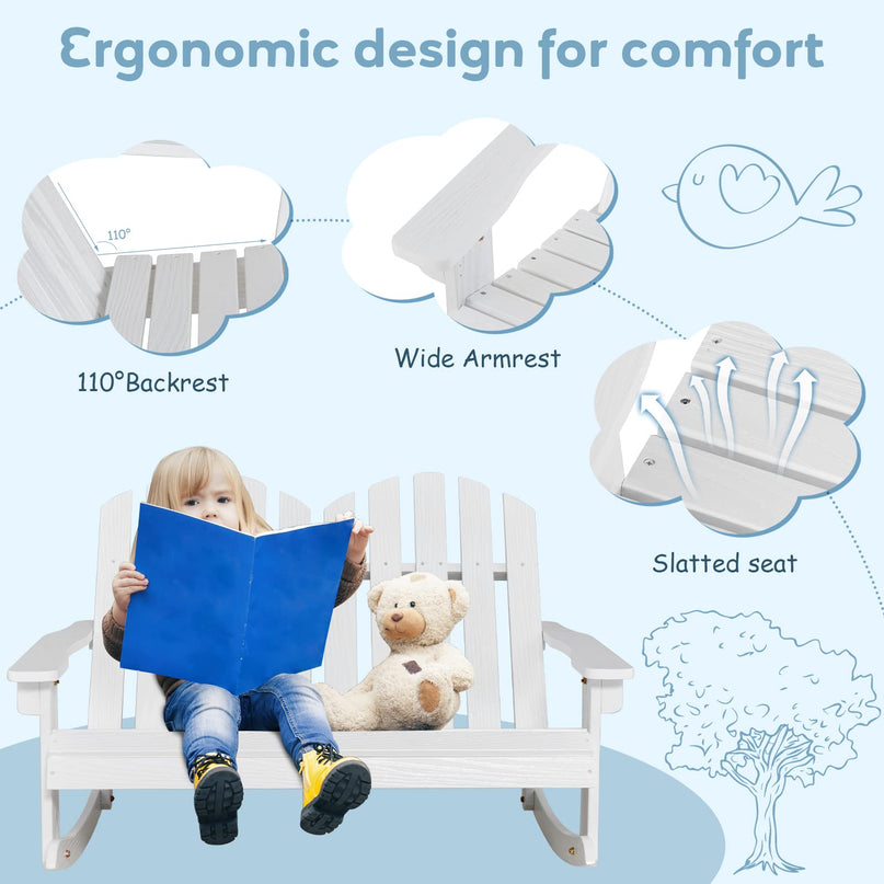 Giantex 2-Person Adirondack Rocking Chair - Kids Outdoor Rocking Bench with Slatted Seat, High Backrest