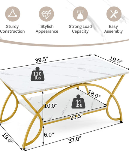 Table basse rectangulaire à 2 niveaux Giantex, table de cocktail moderne chic avec étagère de rangement ouverte, blanc/doré
