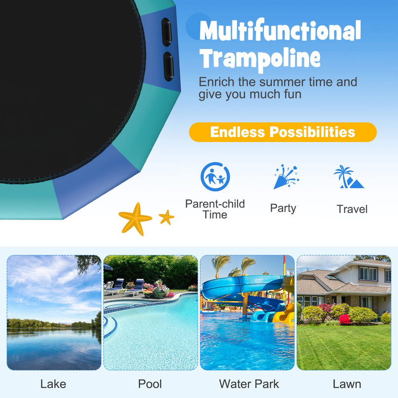 Giantex 10Ft 12Ft 15Ft Inflatable Water Trampoline, Floating Rebounder Trampoline with 500W Blower and 3-Step Rope Ladder