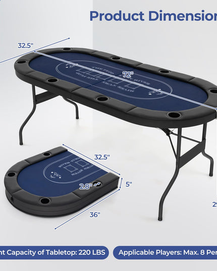 Giantex 8 Player Poker Table Foldable, 72" Portable Folding Texas Holdem Poker Tables w/Padded Rails