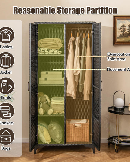 Giantex Wicker Storage Cabinet, 62” Tall Pantry Cabinet with 2 Doors, Hanging Rod, 4 Storage Cubes