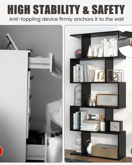 Giantex 5-Tier Geometric Bookshelf, 62.5" Tall Wood S-Shaped Bookcase with Anti-Tipping Device