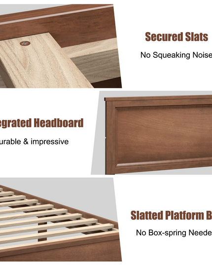 Platform Bed w/ Rubber Wood Legs & Integrated Headboard | Wooden Bed Frame