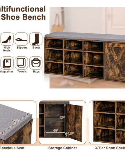 Giantex Shoe Bench, 3 Tier 9 Cubes Storage Bench with Adjustable Shelves (Rustic Brown)