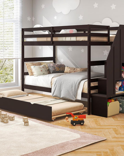Giantex Twin Over Twin Bunk Bed with Trundle and Storage Stairs, Solid Wood Bunk Bed Convertible 3 Bed Frames for Bedroom