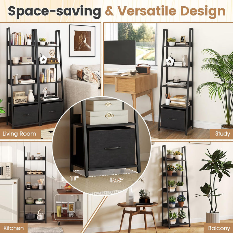 Giantex Modern Freestanding 5-Tier Ladder Bookshelf with Removable Fabric Drawer