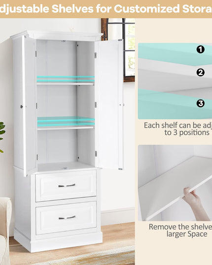 Giantex Kitchen Pantry Cabinet - 62” Floor Storage Cabinet with 2 Large Drawers(White)
