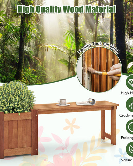 Giantex Outdoor Bench with Raised Garden Bed, Wood Seat with Teak Oil Finish, Planter Box with Open-Ended Base